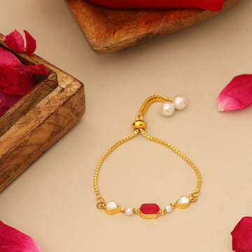 Ruby Raang Kids Kundan Maroon Stone Bracelet in Gold Plated Brass with Pearls