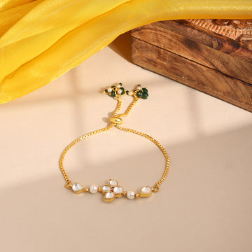 Ruby Raang Kids Kundan Bracelet in Gold Plated Brass with Pearls & Green Stones