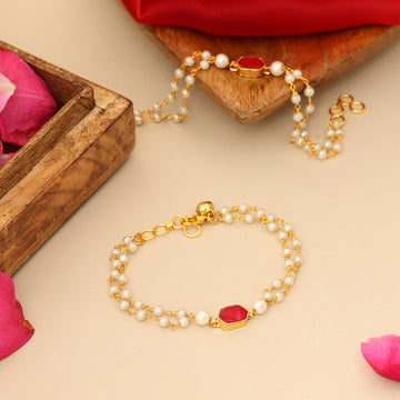 Ruby Raang Kids Kundan Maroon Stone Anklets/Payal in Gold Plated Brass with Pearls