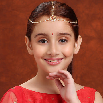 Ruby Raang Kids Kundan Maatha Patti in Gold Plated Brass with Pearls