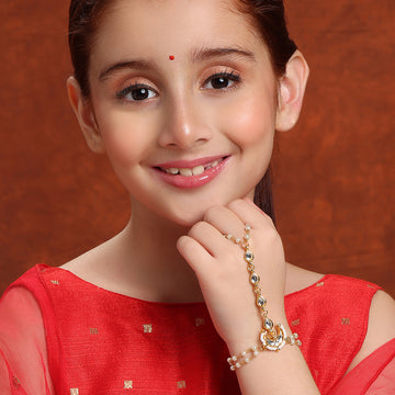 Ruby Raang Kids Kundan Bracelet/Haath Phool in Gold Plated Brass with Pearls