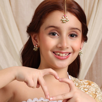 Ruby Raang Kids Tear Drop Shaped Jewelry Set with Jhallar Pearls Maroon Kundan in Gold Plated Brass