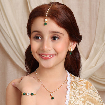 Ruby Raang Kids Kundan Green Stone Jewelry Set in Gold Plated Brass with Pearls