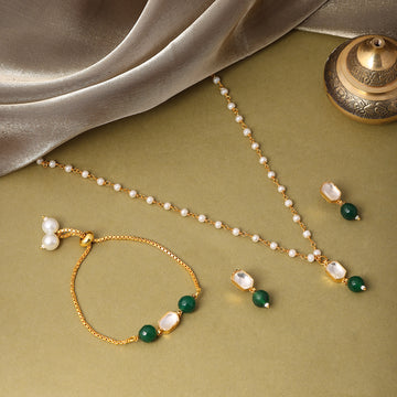 Ruby Raang Kids Kundan Green Stone Jewelry Set in Gold Plated Brass with Pearls