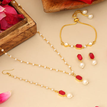 Ruby Raang Kids Kundan Maroon Stone Jewelry Set in Gold Plated Brass with Pearls