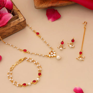 Ruby Raang Kids Kundan Maroon Stone Jewelry Set in Gold Plated Brass with Pearls