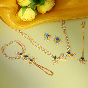 Ruby Raang Kids Kundan Blue Stone Jewelry Set in Gold Plated Brass with Pearls