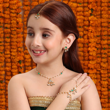 Ruby Raang Kids Kundan Jewelry Set in Gold Plated Brass with Pearls & Green Stones