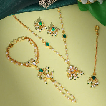 Ruby Raang Kids Kundan Jewelry Set in Gold Plated Brass with Pearls & Green Stones