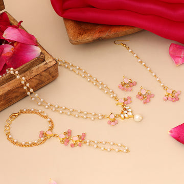 Ruby Raang Kids Kundan Blush Pink Sone Jewelry Set in Gold Plated Brass with Pearls