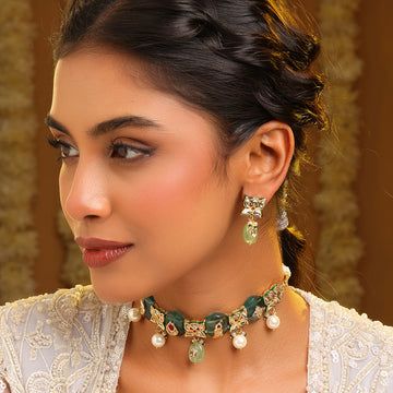 Ruby Raang Antique Kundan stone work jewellery set