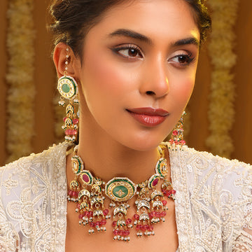 Ruby Raang Kundan Emerald Bloom necklace with matching earrings