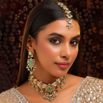 Ruby Raang Rajkumari Necklace with Earrings and Maang Tikka
