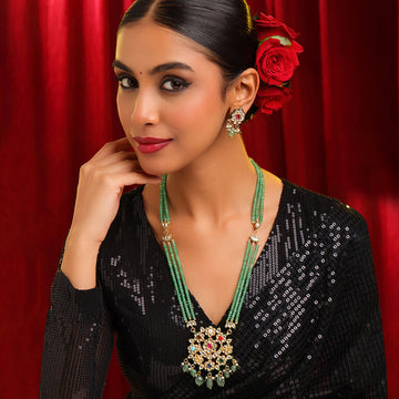 Ruby Raang Long Kundan Neckpiece with Earrings