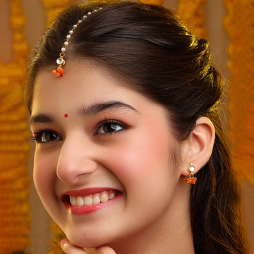 Ruby Raang Mannat Set of 2 - Orange embedded Maang Tikka and earrings