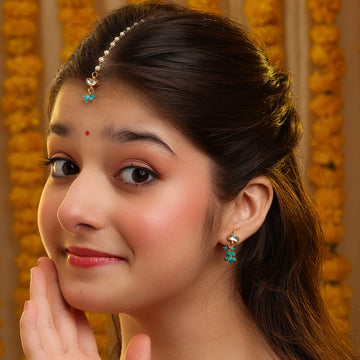 Ruby Raang Semi-Circle gold blue Earrings set With Maang Tikka