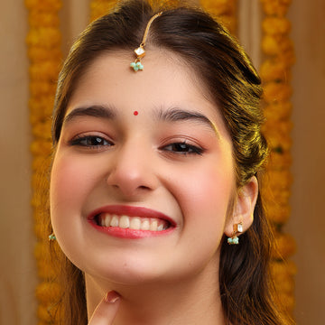 Ruby Raang Set Of Pastel Green Maang Tikka and earrings