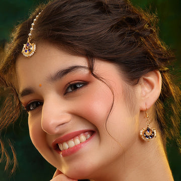 Ruby Raang Finest Gold Kundan Earrings with a Maang Tikka