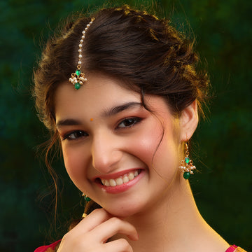 Ruby Raang Handcrafted Kundan studded Earring with a Maang Tikka