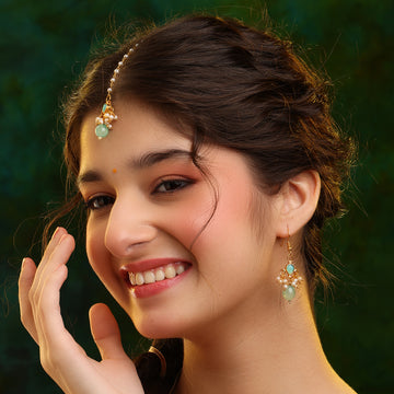 Ruby Raang Traditional green drop Maang Tikka and earrings