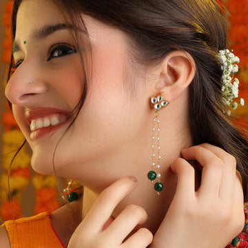 Hara Latak Kundan Stud Green Bead Pearl Drop Earrings