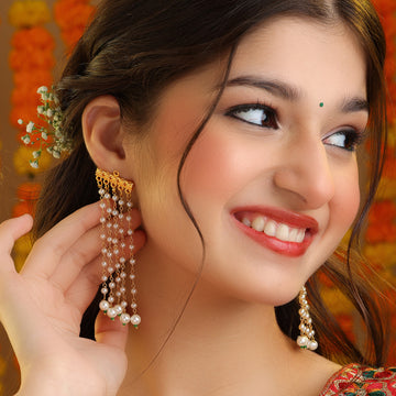 Moti Latak Kundan Stud Pearl Cascade Drop Earrings