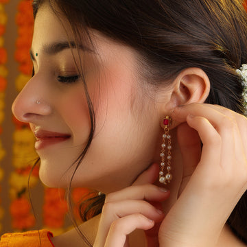 Laal Jhalar Ruby Red Pearl Chain Drop Earrings — Simar Collection | Ruby Raang