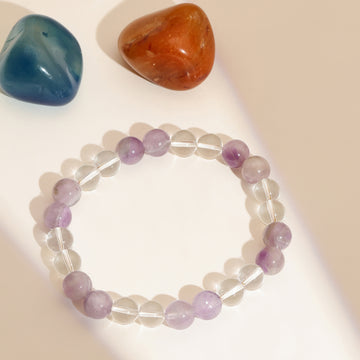 Clear Quartz and Amethyst White and Grey Beads Elastic Bracelet