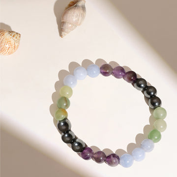 Red Carnelian, Amethyst Multicolored Brown and Black Round crystal Beads Elastic Bracelet