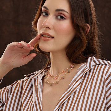 Beaded Pearl Necklace with Grey and Pink Colourful Motifs by Ruby Raang