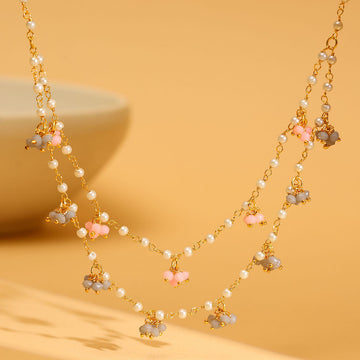 Beaded Pearl Necklace with Grey and Pink Colourful Motifs by Ruby Raang