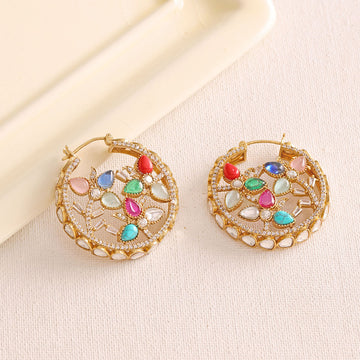 Ruby Raang Navratan Round Earrings
