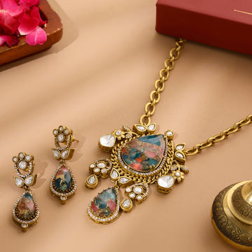 Ruby Raang Natural Stones Antique Finish Earrings and Necklace set