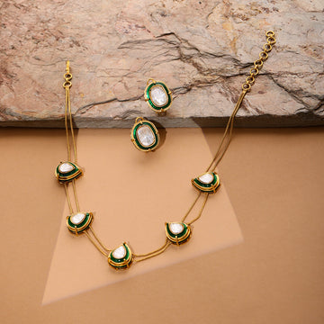 Ruby Raang Green Meenakari Antique Finish Earrings and Drop Necklace set
