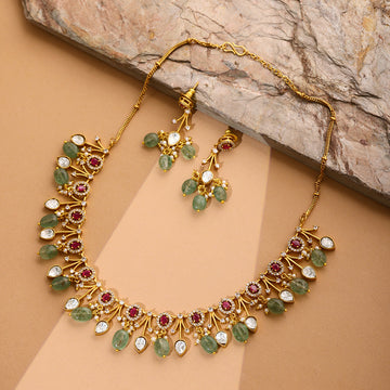 Ruby Raang Natural Stones Antique Finish Earrings and Choker Necklace set