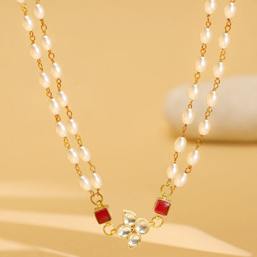 White and Red Beaded Gold Plated Flower Kundan Necklace by Ruby Raang