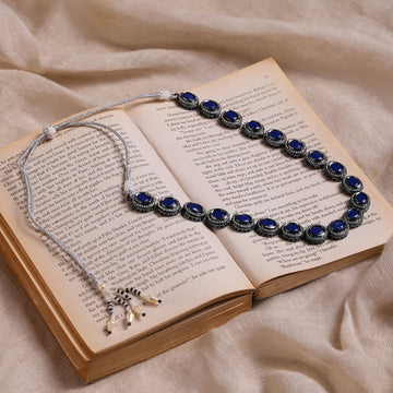 Ruby Raang Blue Silver Tone Kundan Necklace