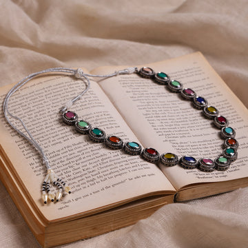 Multi Silver Tone Kundan Necklace