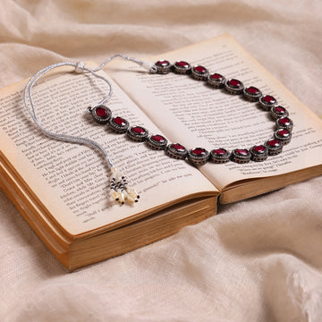 Maroon Silver Tone Kundan Necklace