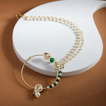 Green & Pearl Kundan Beaded Nose Ring