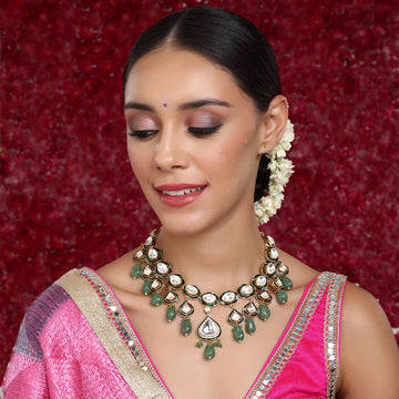 Kundan and Stone Meenakari Necklace with Emerald Drops