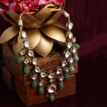 Kundan and Stone Meenakari Necklace with Emerald Drops