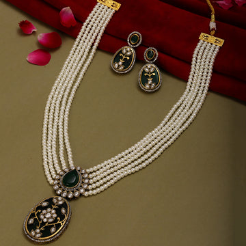 Long Pearl Layered Necklace with Pendant and Matching Earrings