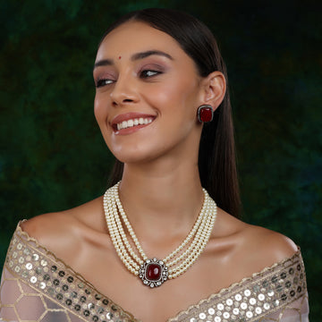 Maroon Stone and Moissanite Kundan in Pearls with Matching Studs