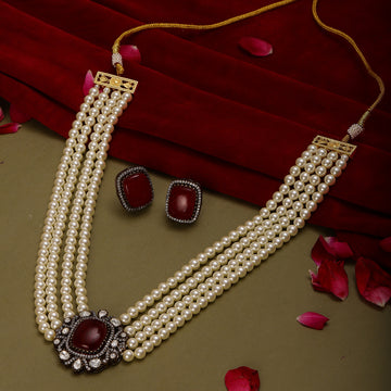 Maroon Stone and Moissanite Kundan in Pearls with Matching Studs