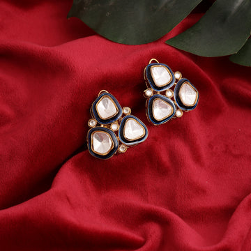 Three Stone Blue Meenakari Kundan Earrings