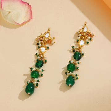 Long Kundan and Emerald Earrings