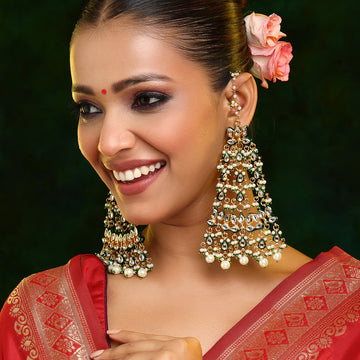 Ruby Raang Kundan Chandelier Earrings with Ear Chains
