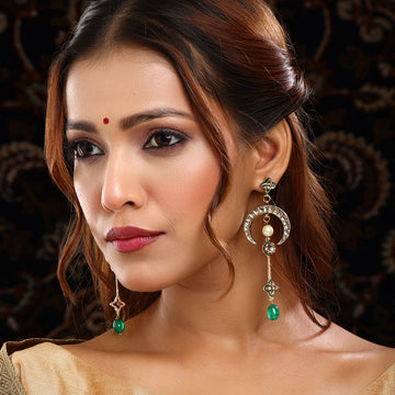 Ruby Raang Long Half Moon Kundan Earrings