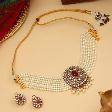 Pearl and Kundan Necklace with Stud Earrings